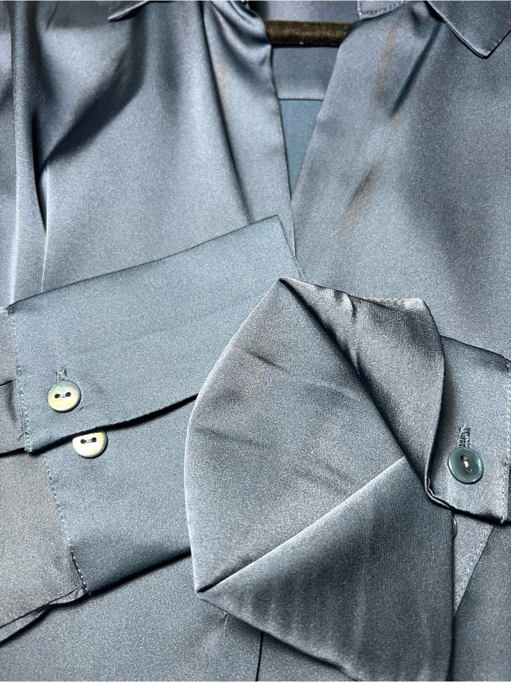 Maison d'Amélie Paris satin button down blouse in navy blue.